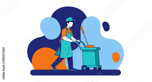 Female Janitor Cleaning Floor with Mop and Bucket.