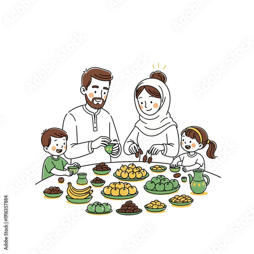 Family Gathering Around Table with Traditional Food and Drinks.