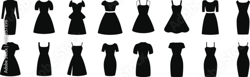 Black dress silhouettes collection isolated on white background, elegant women fashion outfits set with different styles for boutique catalog and design mockup