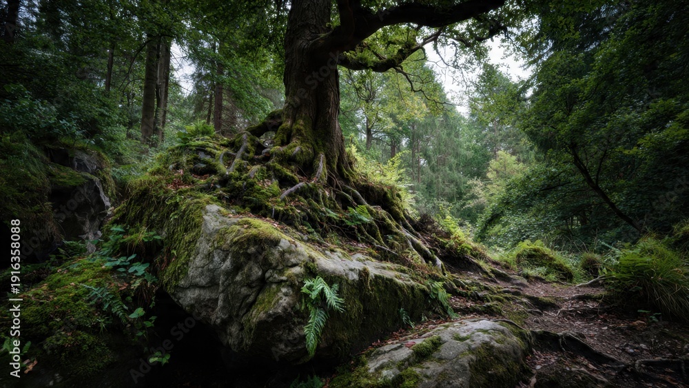 Fototapeta premium Mossy tree roots in a green forest