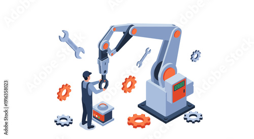 Industrial robotic arm with technician adjusting wrench.