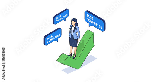 Isometric Businesswoman Standing on Growth Arrow with Communication Bubbles.