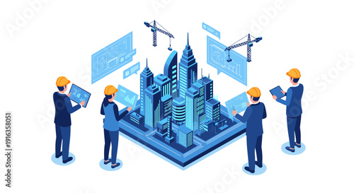Isometric Construction Workers Building City Model.