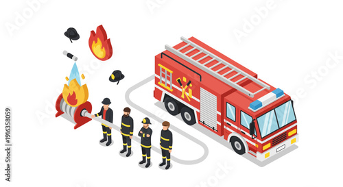 Isometric Firefighters Extinguishing House Fire With Fire Truck.
