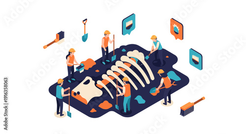 Isometric Illustration of Dinosaur Fossil Excavation Site.
