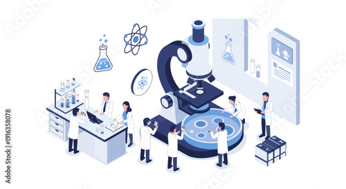 Isometric Laboratory Scientists Using Microscope and Equipment.