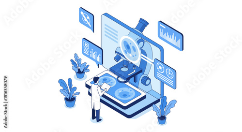 Isometric Illustration of Scientist Using Advanced Microscope Technology.