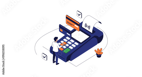 Isometric Illustration of Person Using Calculator Machine.