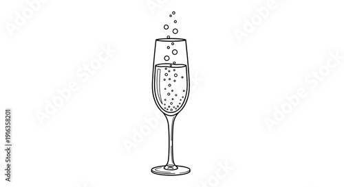 Champagne Flute with Bubbles Rising, Hand-Drawn Sketch Style