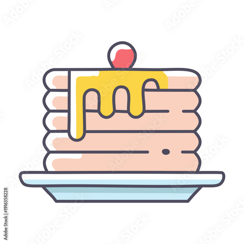 Delicious stack of fluffy breakfast pancakes generously drizzled with golden syrup and topped with a vibrant red cherry, perfect for a sweet morning treat icon