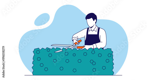 Man Trimming Green Hedge with Shears Outdoors.