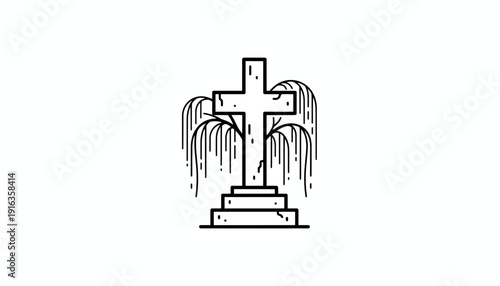 Christian cross tombstone with weeping willow tree, cemetery, memorial, grief, remembrance, faith