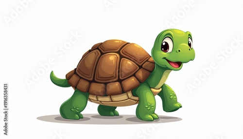 Green cartoon turtle with brown shell walks happily on white background. Friendly reptile creature smiles and looks forward, suitable for kids content and educational purposes.