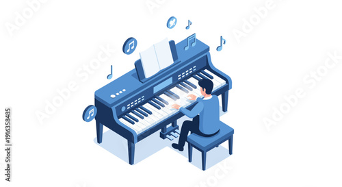 Person Playing Digital Piano Keyboard with Music Notes.