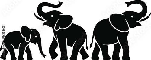 Elephant family silhouettes set with baby and adult elephants walking, black animal icons isolated on white background for wildlife, nature, conservation, and safari design concepts