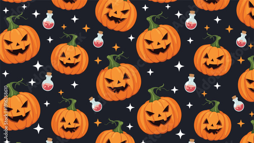 Seamless holiday pattern featuring carved pumpkins, glowing stars, and bottles of pink magic potion on a dark background.