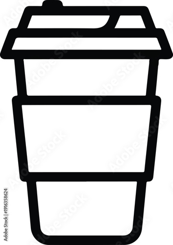 A simple black line illustration of a disposable coffee cup with a lid and sleeve, viewed directly from the front