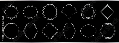 Silver border element with frame metal gradient for thin steel boarder. Chrome picture circle with set vector square for background isolated rectangle. Design elegant silver with line frame shiny