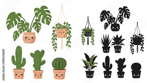 Large set of various houseplants in cute pots with smiley faces are shown alongside their solid black silhouettes.