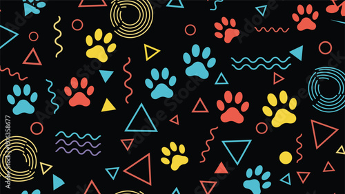 Vibrant seamless pattern on black background featuring colorful animal paw prints mixed with geometric shapes like triangles and circles.