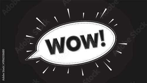 Large white speech bubble with the word WOW! written in bold black letters is placed on a dark background with radial lines.