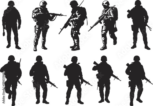 Military soldier silhouettes set with armed combat poses, tactical infantry figures, army special forces characters isolated on white background for defense, security, and war concepts