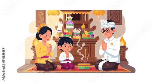 Balinese Child Praying with Parents at Home Altar During Nyepi Day in Cute Flat Vector Illustration