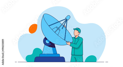 Technician Operating Large Satellite Communication Dish.