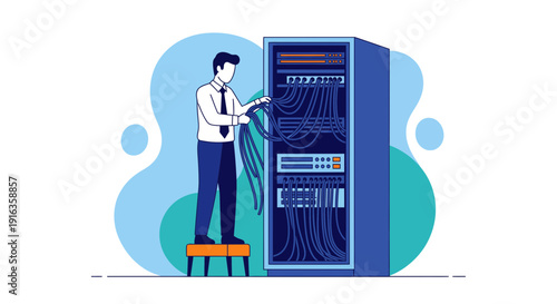 Technician Working on Network Server Rack Equipment.
