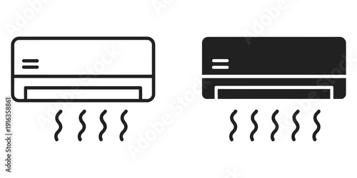 Air conditioner icon and symbols collection, simple flat outline stroke style, cooling system ventilation signs