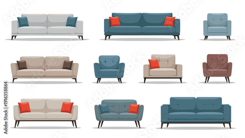 Comprehensive set of modern living room furniture including different styles of sofas and armchairs with colorful accent pillows for decor.