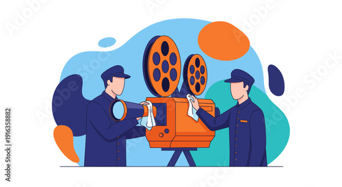 Two Men Operating Vintage Film Projector Equipment.