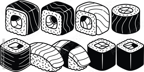 Various sushi rolls and nigiri illustrations on white background viewed from directly above