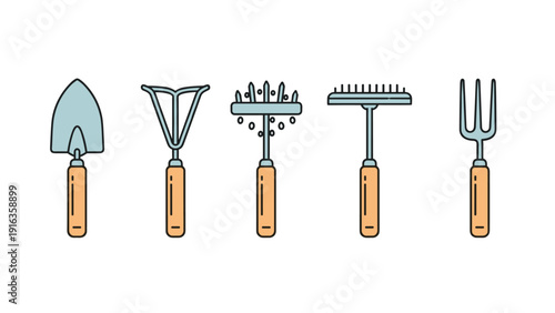 Assortment of five essential garden hand tools including a trowel, rake, and weeding forks with orange wooden handles and metal heads.