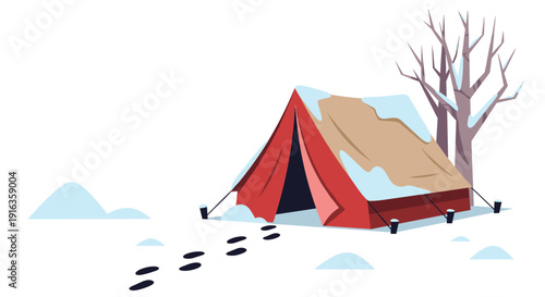 Winter camping scene featuring a red tent covered in snow next to a bare tree with footprints leading away in a minimalist style.