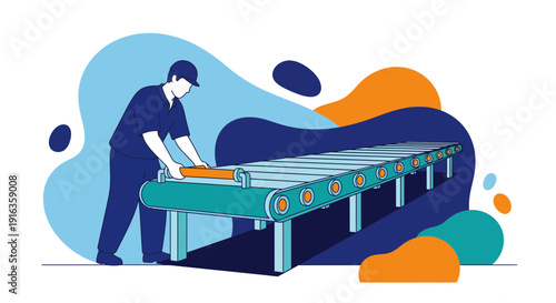 Worker Operating Conveyor Belt in Factory Illustration.