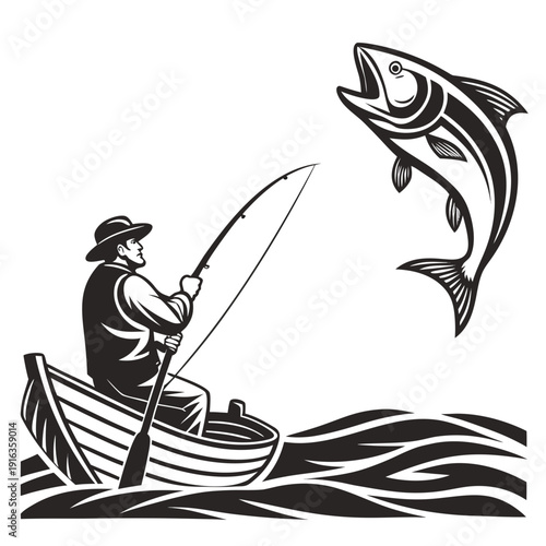 A man in a boat is catching a large fish on a sunny day Vector