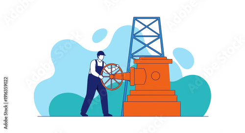 Worker Operating Industrial Valve on Machinery.