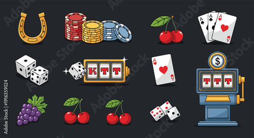 Comprehensive set of casino and gambling icons including dice, cards, slot machines, and poker chips in a detailed pixel art style.