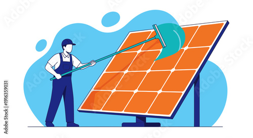 Worker Cleaning Solar Panel with Brush Tool.