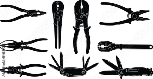 Set of hand tools silhouettes including pliers, multi tool knife, wrench and cutters isolated on white background workshop equipment illustration for repair and maintenance use