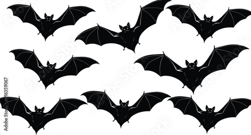 Set of flying bat silhouettes isolated on white background, black nocturnal animal shapes collection for Halloween design, wildlife illustration, gothic art, and spooky graphics