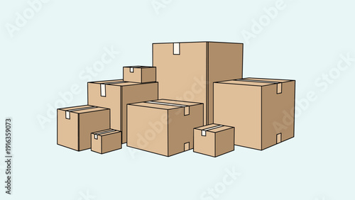 Stack of various sized brown cardboard moving boxes with tape are piled up against a light blue background for storage.