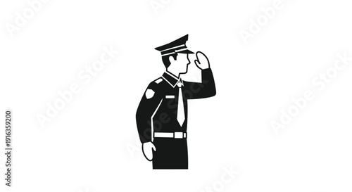 Black and white illustration of a police officer saluting with hand raised