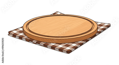 Empty round wooden cutting board placed on a brown and white checkered cloth napkin isolated on a plain background.