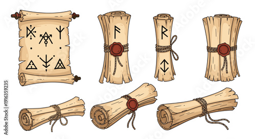 Set of various ancient parchment scrolls featuring magic runes, symbols, and red wax seals in a detailed pixel art style.