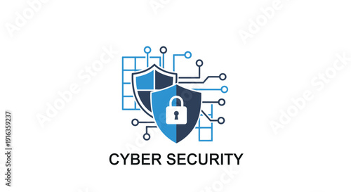 Cyber security illustration featuring a shield padlock and network connections