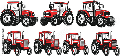 Set of red farm tractors isolated on white background, detailed agricultural machinery vector illustration collection, modern and vintage farming equipment design for agribusiness concept