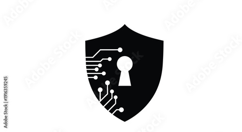 Black shield icon with circuit board lines and a keyhole representing cybersecurity