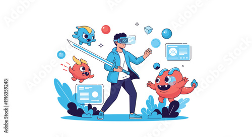 Futuristic virtual reality gaming scene showing a young man with a VR headset using a sword to fight colorful monsters.